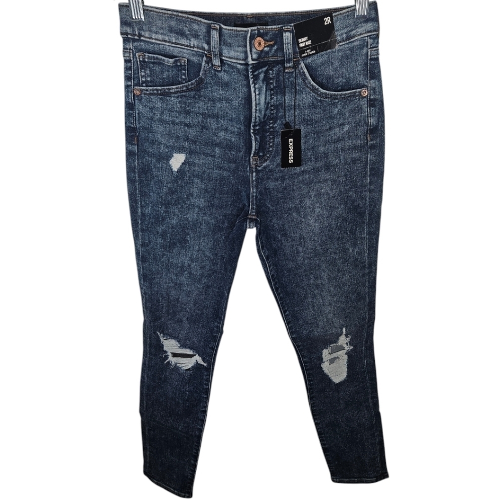 NWT Express Distressed 4-Way Strech Skinny High Rise Jeans